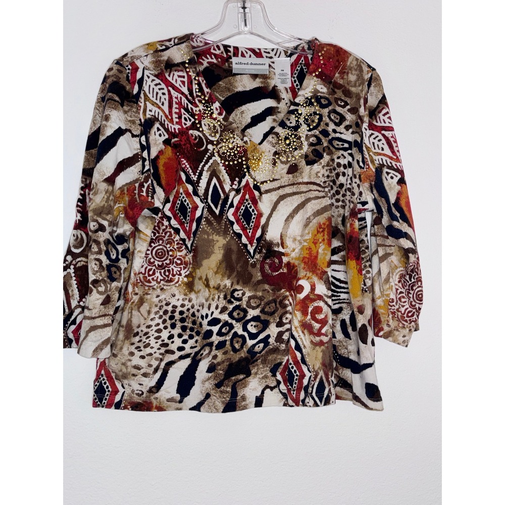 Alfred‎ Dunner Petite Medium Mixed Animal Print Studded V-Neck 3/4 Sleeve Top PM
